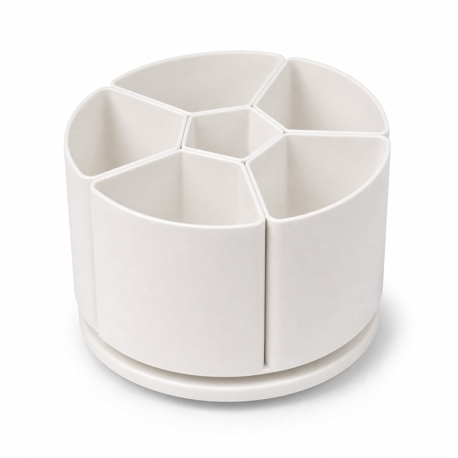 Soft-white six-section desktop organiser viewed from above at an angle
