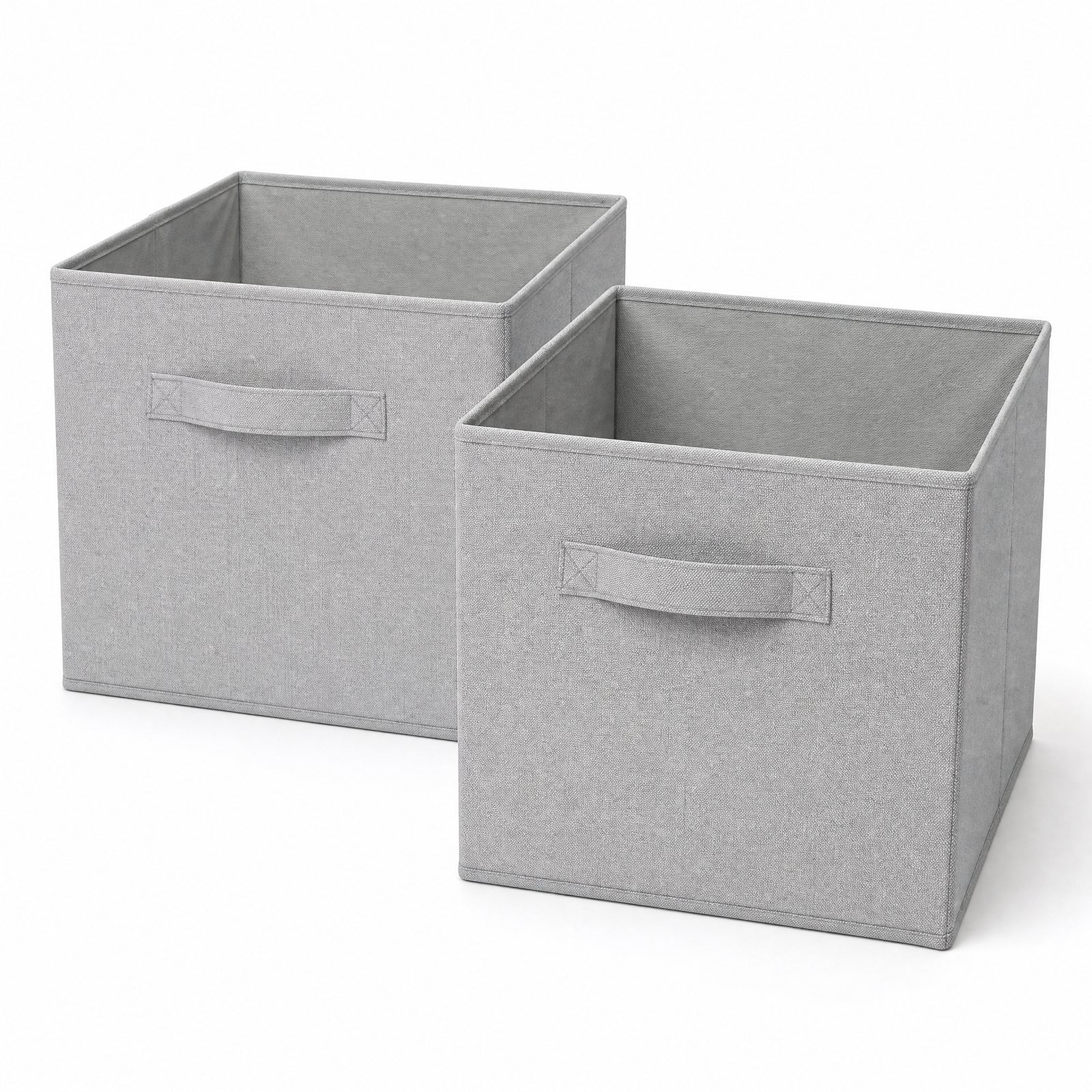 Set of two assembled light-grey fabric storage cubes on a white background