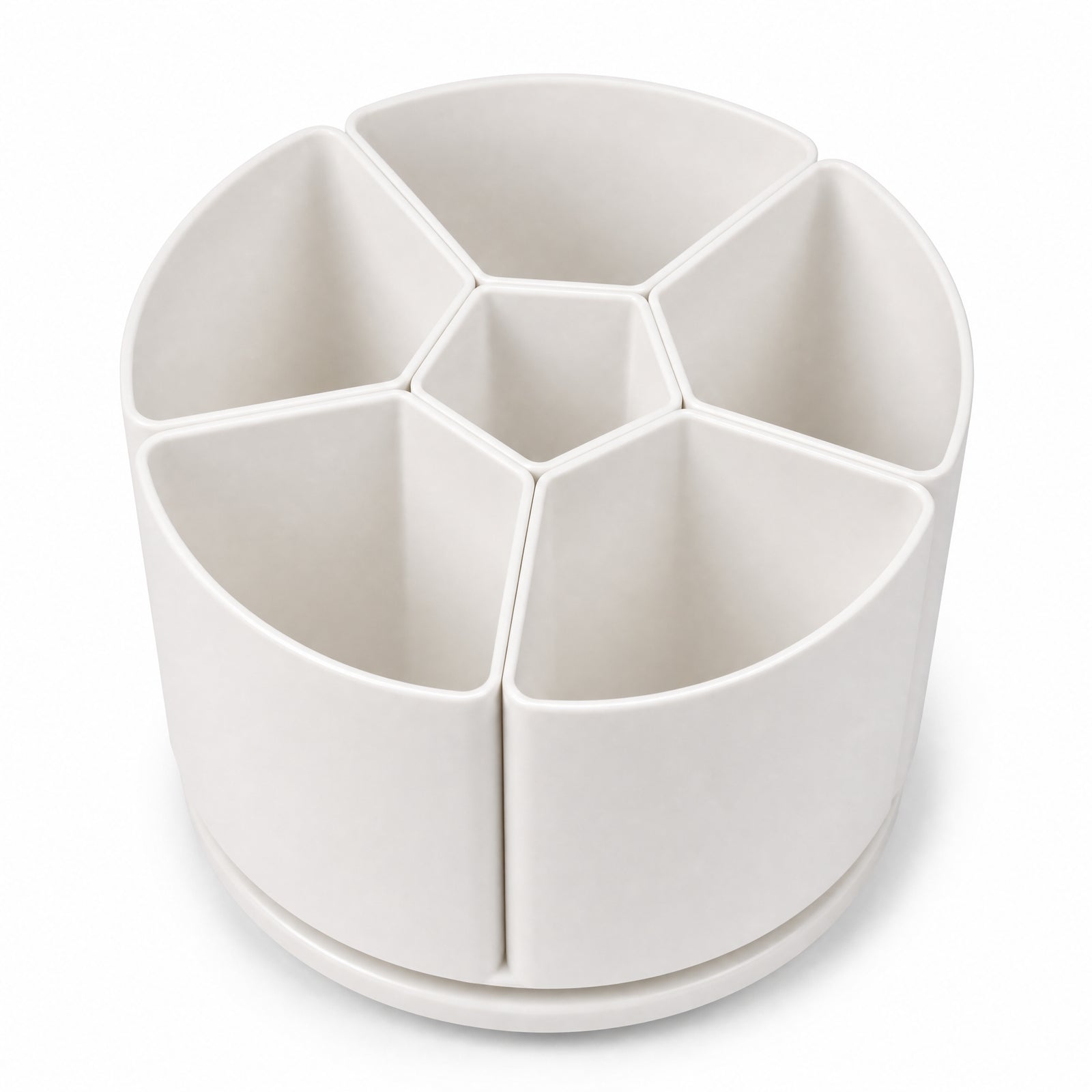 Close elevated view of the organiser compartments and rotating base