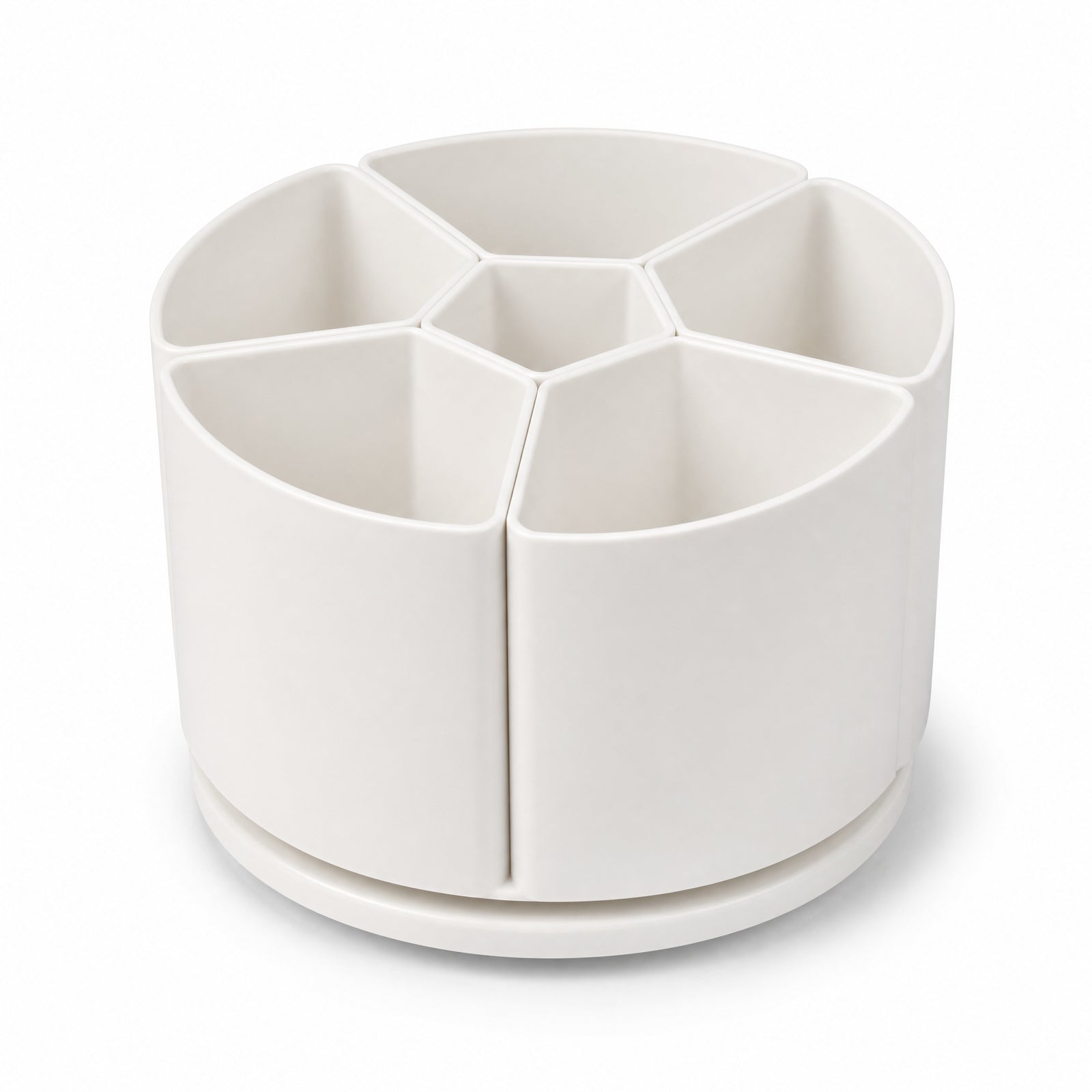 Empty soft-white rotating desktop organiser with six open sections