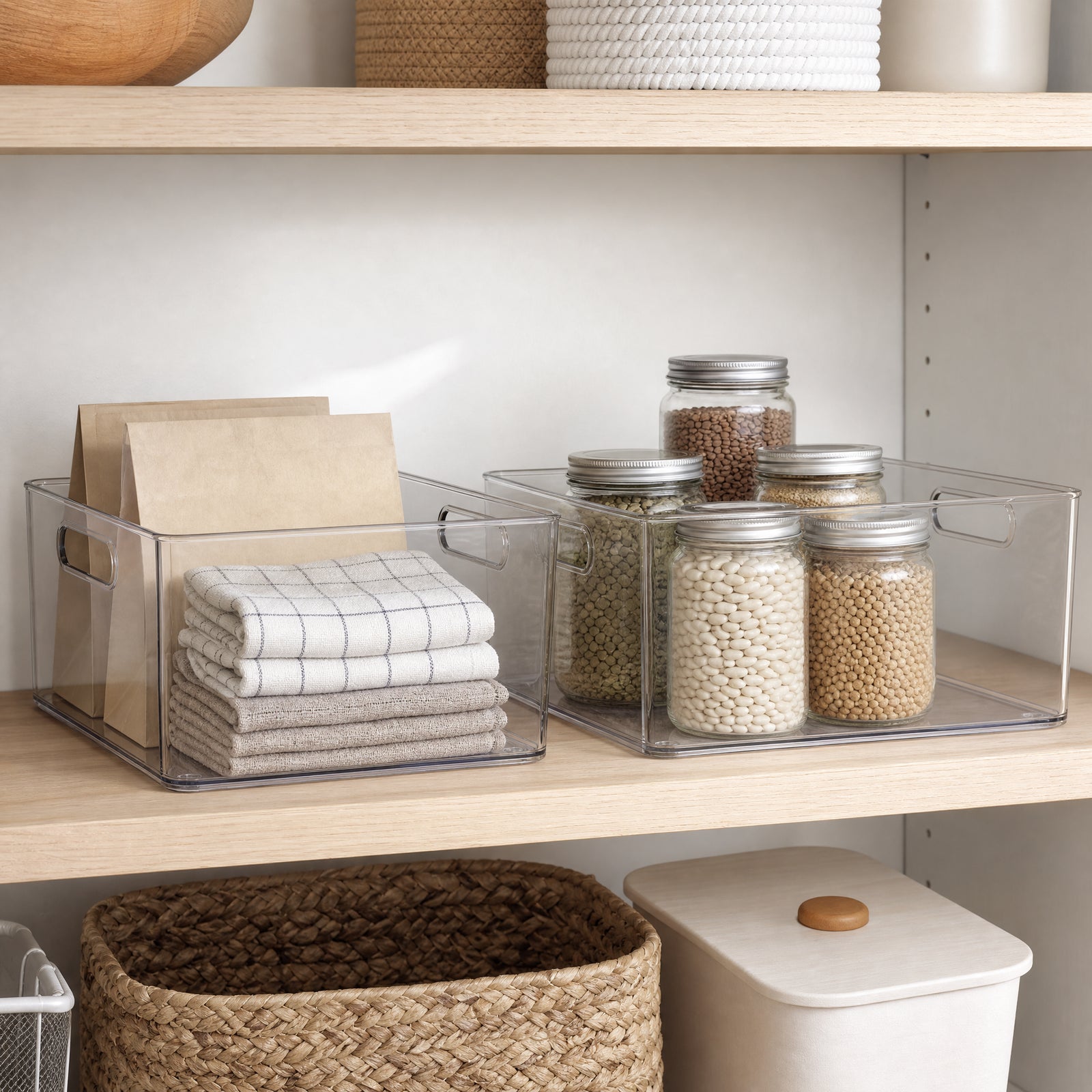 Clear storage bins arranging plain packets cloths and dry-goods jars on a shelf