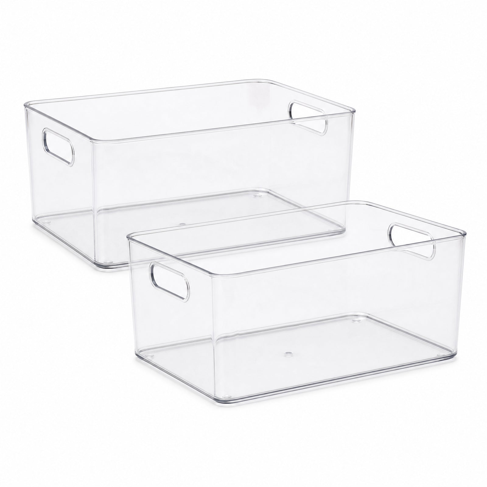 Set of two clear open-top storage bins with side handles on white