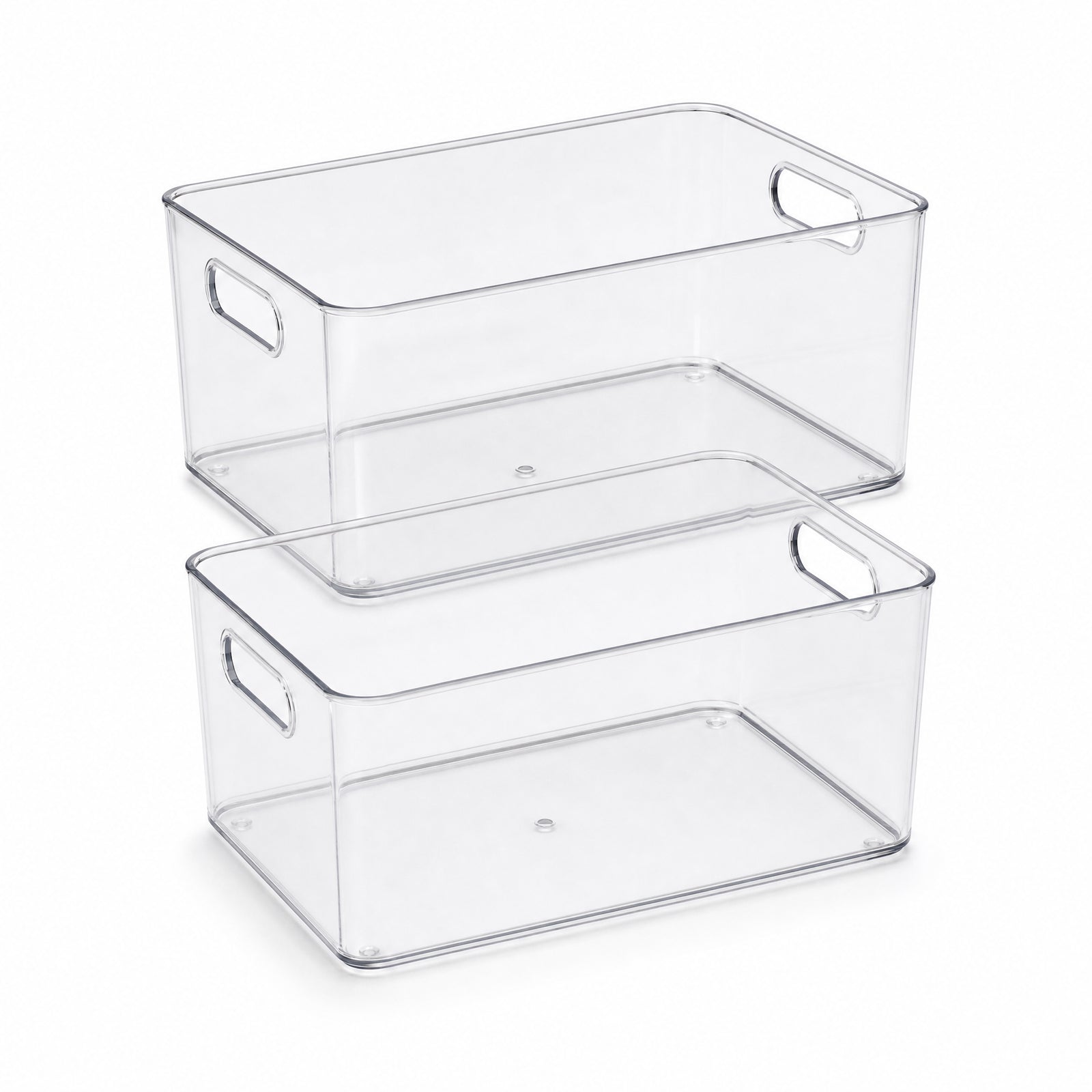 Two empty clear storage bins arranged in a stack-ready position