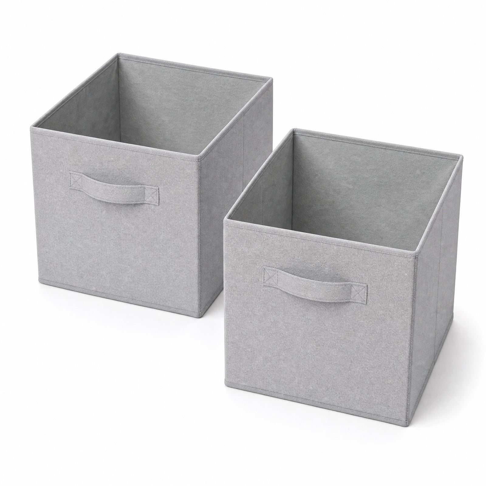 Two empty light-grey storage cubes viewed from above at an angle
